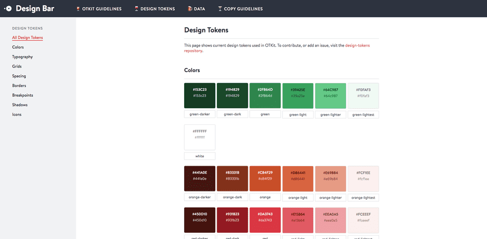 Screenshot of Open Table Design Bar design system token page
