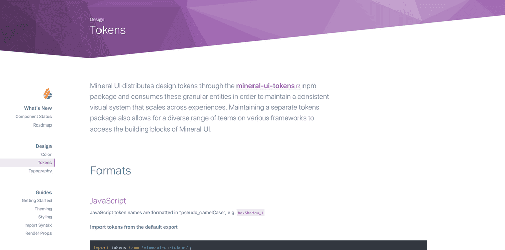 Screenshot of Mineral UI design system token page